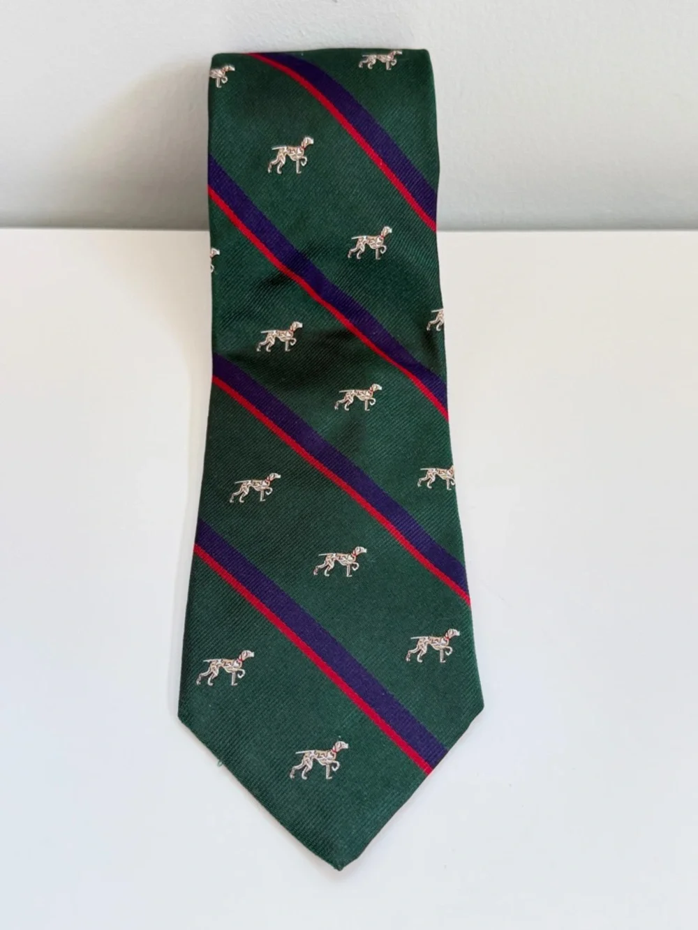 J Crew Silk Tie Green Dog Print English Novelty Preppy Ivy League‎ Necktie